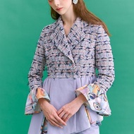 藍色小香風毛呢斜擺西裝外套