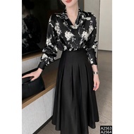 Cati Set 2-color silk floral shirt A2563 + Pleated diagonal skirt A2564