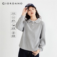GIORDANO Women Polo Shirts Contrasting Picot-Trimmed Polo Shirts Long Sleeve Waffle Fashion Casual L