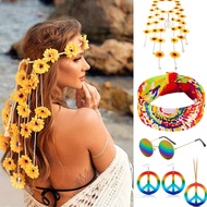 Retro 60s, 70s Dress Up Six Piece Set, Including Tie Dye Headband Sunflower Crown, Hippie Sunglasses