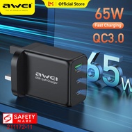 Awei PD18 65W GaN Fast Charger Quick Charge 2C1A 2 Type C 1 USB A 30W with QC Portable UK Plug Travel Charger for MacBook Pro/Air, Dell XPS, iPad Mini/Pro iPhone 15 14 13 Pro Max Plus Samng Galaxy S24 Ultra S23, Pixel, and More【Safety Mark 211172-11】