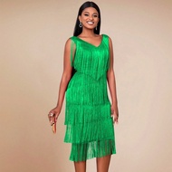 Đầm tua rua xanh AOMEI dự tiệc cổ chữ V không tay cạp cao cho nữ, đầm dự tiệc khiêu vũ sinh nhật gợi