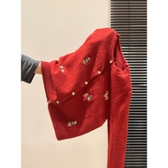 TT New Year's New Style Red Embroidered Gentle Feeling Long-Sleeved Sweater Jacket Women 2025 Autumn