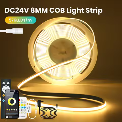 Dimmable CCT 576LEDs/m COB LED Strip Light Bluetooth Control 24V 2700K 4000K 5000K 6000K Power Kit f