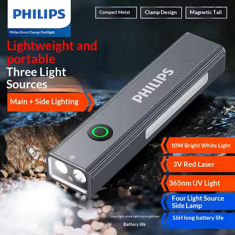 Philips New Flashlight 600LM Supports 3 Type Dimming UV light, Red Laser, 365nm Purple Light, COB,Ma
