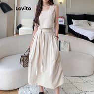 Lovito Casual Plain Pocket Belted Pleated Skirt Sets for Women LNE24140 (Apricot) Lovito Rok Lipit B