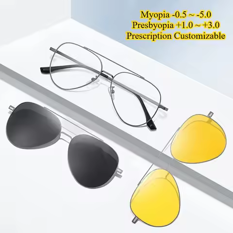 Myopia Customizabled Aviation Magnetic Polarized Clip On Sunglasses Pilot Men Night Vision Eyeglasse