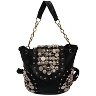 Q8New Personality Belt Tassel Shoulder Bag Fashion Punk Rivet Buckle Bucket Chain Bag