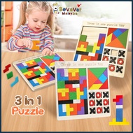 Bevavar 3 IN 1 Tetris Block Puzzle Early Education Toy Tangram Tetris Jigsaw Puzzle Wooden Toy
