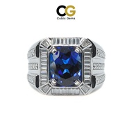 CG Bold Modern & Luxurious Deep Royal-Blue Lab Grown Sapphire with Moissanite Mens Ring