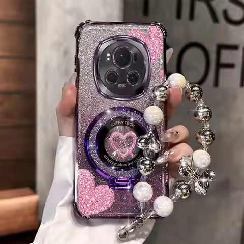 Pearl Strap Lanyard Glitter Beautiful Love Phone Holder Case On For Huawei Honor Magic 3 4 5 6 7 Pro