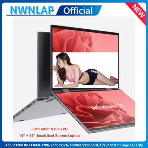 Dual Screen Laptop Intel N95 N100 Processor 14“+14” touch Gaming Laptop DDR4 32GB 1TB 2TB SSD Notebo