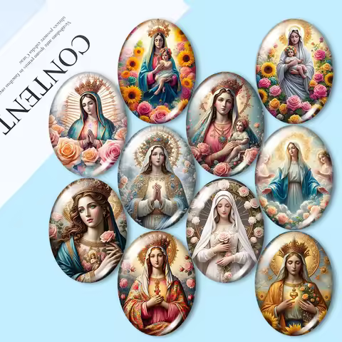 Virgin Mary Charity Flower 10x14mm/13x18mm/18x25mm/30x40mm Oval photo glass cabochon demo flat back 