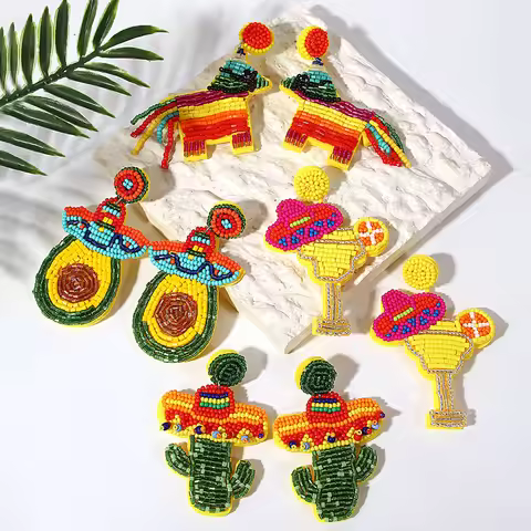Cinco De Mayo Earrings for Women Handmade Beaded Cocktail Cactus Donkey Avocado Sombrero Drop Earrin