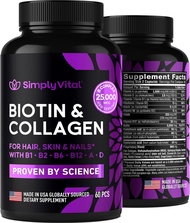 SimplyVital Biotin Vitamins for Hair, Skin &amp; Nails - Biotin 5000mcg, Keratin &amp; Collagen - Hair Growth Supplement with Marine Collagen Peptides &amp; B Complex - Hair Supplement for Women &amp; Men - Made in USA - 60 Caps Capsules