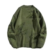 Men Winter Sweater Irregular Ripped Design Round Neck Knitted Loose Long Sleeves Thick Sport Daily W