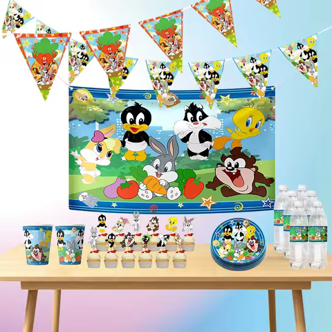 Looney Tunes Disposable Party Supplies Birthdays Cartoon Pattern Set Flags Cake Flags Paper Cups Por