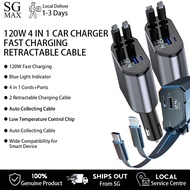 120W 4 In 1 Super Fast Charging Car Charger 2 Extendable Cable Cords & USB Type-C Ports Night Light 