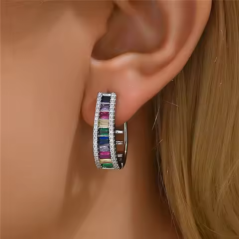 Mystic Rainbow Zircon Stone Geometric Hoop Earrings For Women Fashion Gold Silver Color Wedding Jewe