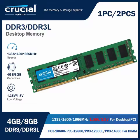 Crucial DDR3 DDR3L Desktop RAM 1PC 2PCS 4GB 8GB 1333MHz 1600MHz 1866MHz 240Pin UDIMM PC3 PC3L Memory
