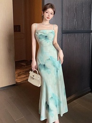 dress korean style Elegant pantai biru backless cantik tanpa lengan midi dress terbaru 2024 big size