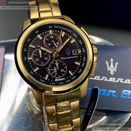 MASERATI手錶,編號R8873645002,44mm金色圓形精鋼錶殼,黑色三眼, 中三針顯示, 運動錶面,金色精鋼錶帶款,光動能就是方便