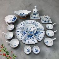 Bat Trang Ceramic Ancestor Offering Bowl Set, Sun Flower Set with Dragonfly Lotus Pattern