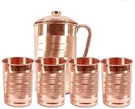 Copper Bottle Pure Copper Bottle Copper Water Jug 2 LTR and Set of 4 Copper Glass Jug Glass Set (Copper)
