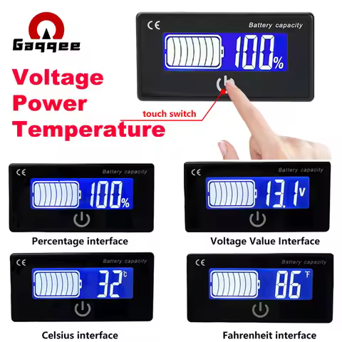 JS-F8 Battery Meter DC 8-100V, Voltage Temperature Display with Touch Switch Snap-on Installation fo