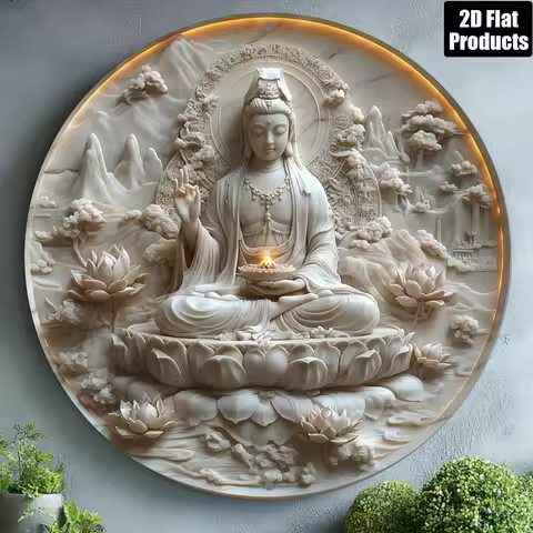 2D Flat, 1pc, Buddha theme Theme, Round Aluminum Metal Decorative Plaque Sign, Home Decor, Suitable 