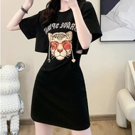 Fast Shipping Spring Summer Korean Version Round Neck Printed Letters Narrow Waist Hollow Slimmer Look Cover Belly Jumpsuit Short Skirt Women