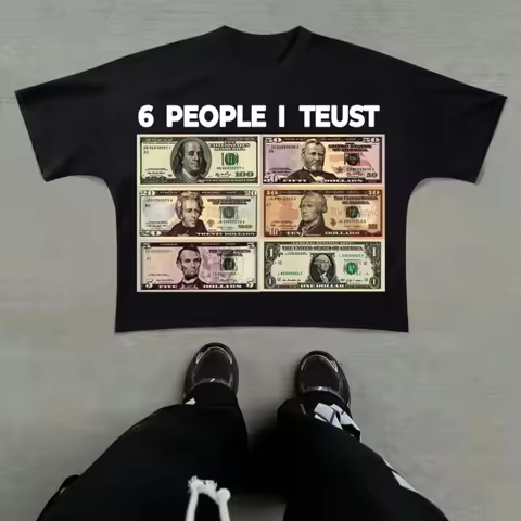 Men's Casual Short Sleeve T-Shirt I Trust 6 People Slogan and Dollar Bill Graphic Printing Black Sum