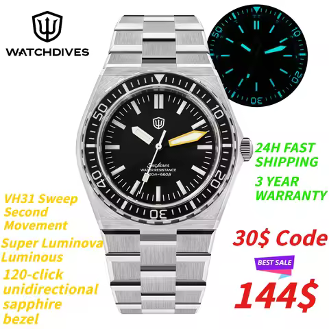 Watchdives WD0017 41mm Quartz Dive Watch Sapphire Crystal 200M Waterproof Ronda 515 VH31 Sweep Secon