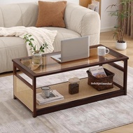meja tamu coffe table minimalis modern kombinasi rotan alami top table kaca