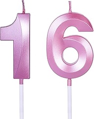 Pink 16th & 61st Birthday Candles for Cakes, Number 16 61 Glitter Candle Cake Topper for Party Anniv