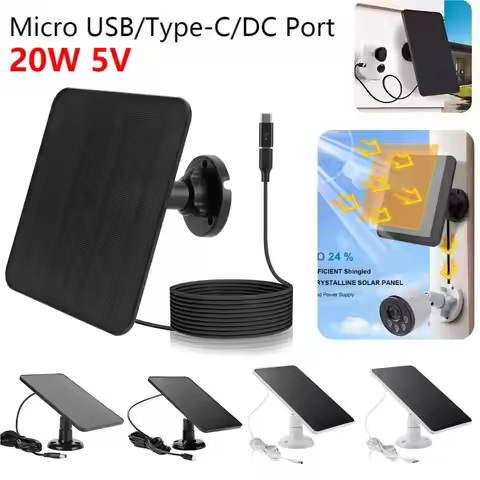 20W Solar Panel Micro USB & USB-C Port Solar Charging Panel 360° Adjustable Mounting for Security Ca