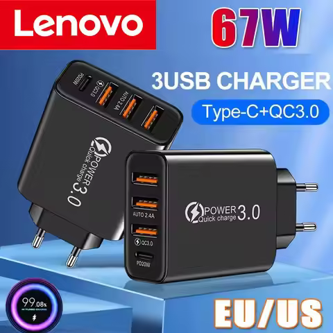 Lenovo Original 67W Phone Charger 3 USB Ports + PD Fast Charging Type C Multi Port Travel Adapter fo