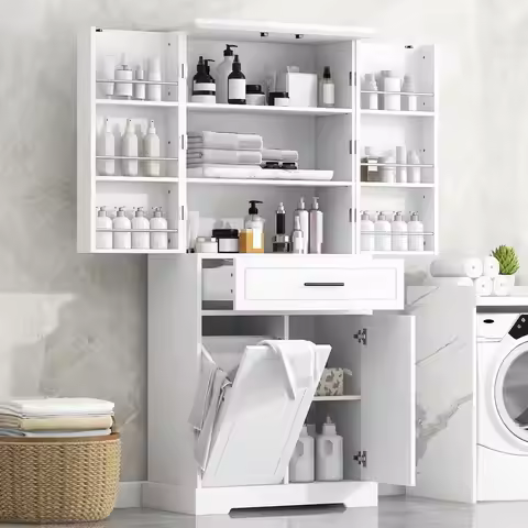 71 Tall Bathroom Storage Cabinet with TiltOut Laundry Hamper, Freestanding Storage Cabinet with Door
