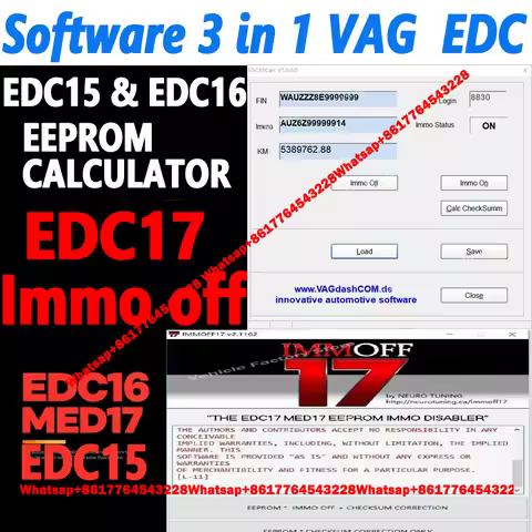 Software 3 in 1 VAG EDC15 & EDC16 Eeprom Calculator / Immo / Vin / Mileage / Pin and EDC17 MED17 IMM