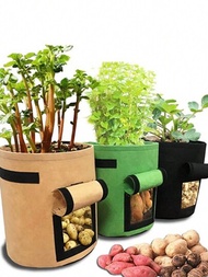1入袋狀綠色圓形馬鈴薯種植袋,透氣防水布料種植甜薯-非常適用於種植馬鈴薯、蔬菜和幼苗的園藝工具（4/7/11 加侖）