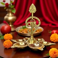 Brass Diya - 6 Face Om Muruga with Vel | 7-inch Height, 6.5-Inch Length | Pure Brass Oil Lamp for Pu