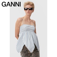 [Double 12 Carnival] Ganni Women's Blue Striped Tulip Hem Sling Top F7046681