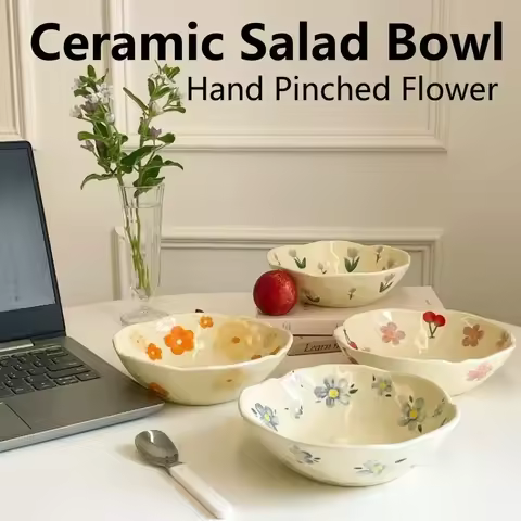 1PCS Ceramic Salad Bowl Hand Pinched Irregular Ins Korean Style Cream Yellow Yogurt Bowl Oatmeal Bre