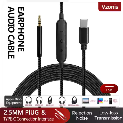 Jack 2.5MM to USB TYPE-C Nylon Braided Headphone Upgrade Cable Inline Control Audio Line for BOSE QC