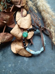 天然緬甸翡翠綠珠藍水桶珠檀木珠手串