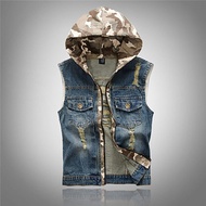 SUJพลัสขนาด Slim Ripped Denim เสื้อกั๊กผู้ชาย Hooded Denim Vest Mens Denim Vest