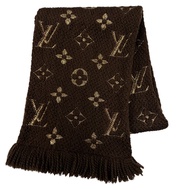 成色極佳☆LOUIS VUITTONM71383 Logomania Shine 羊毛真絲棕色 Monogram 流蘇圍巾 義大利製造 正品 女士