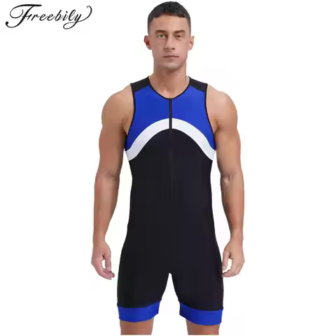 Mens Sleeveless One Piece Wetsuit Swimsuit Patchwork Swimwear Athletic Zipper Surfing Diving Suit Ba