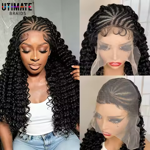 13x6 Lace Frontal Synthetic Cornrow Braiding Wig with Curly 22 Inches Handmade African Braids Hair W