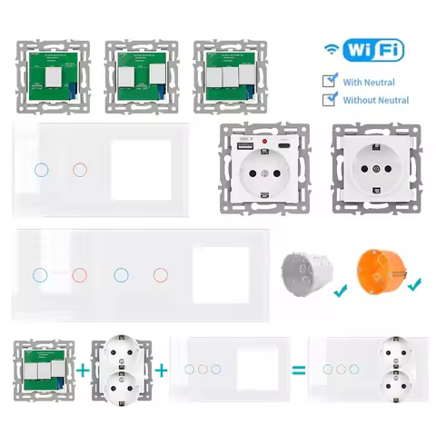 SRAN F6 Series White Crystal Tempered Glass Panel Light switch eu french wall socket usb tv rj45 rj1